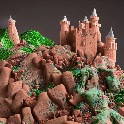 Prompt: Castles made of cake, on jagged chocolate mountains, near a strawberry smoothie river, highly detailed, 8k octane render