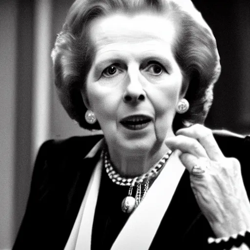 Image similar to A movie still of Margaret Thatcher in The Shining