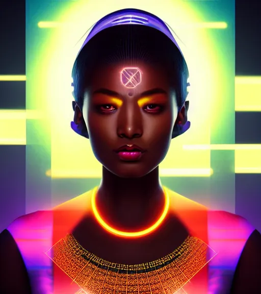 Prompt: symmetry!! asian princess of technology, solid cube of light, hard edges, product render retro - futuristic poster scifi, lasers and neon circuits, beautiful dark skin african princess, intricate, elegant, highly detailed, digital painting, artstation, concept art, smooth, sharp focus, illustration, dreamlike, art by artgerm