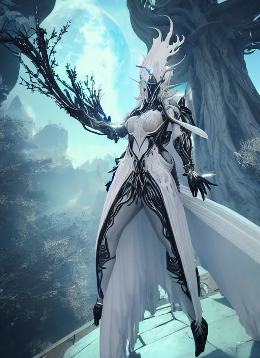 Prompt: photo of a sorceress near mage tower, warframe armor, epic, magical dress, fantasy, white hair, trees, village far away, interesting angle, sharp focus, 8 k high definition, insanely detailed, intricate, intelligent, art by akihiko yoshida and shirotaka