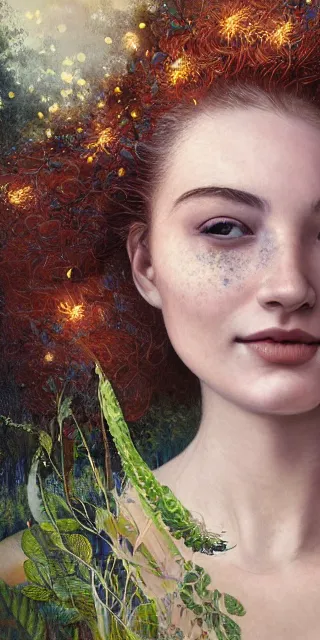 Prompt: young woman, serene smile surrounded by golden firefly lights, amidst nature fully covered by a intricate detailed dress, long red hair, precise linework, accurate green eyes, small nose with freckles, smooth oval shape face, empathic, expressive emotions, spiritual scene, hyper realistic ultrafine art by artemisia gentileschi, jessica rossier, boris vallejo