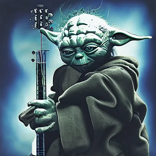 Image similar to Yoda playing guitar on a heavy metal album cover, 4k