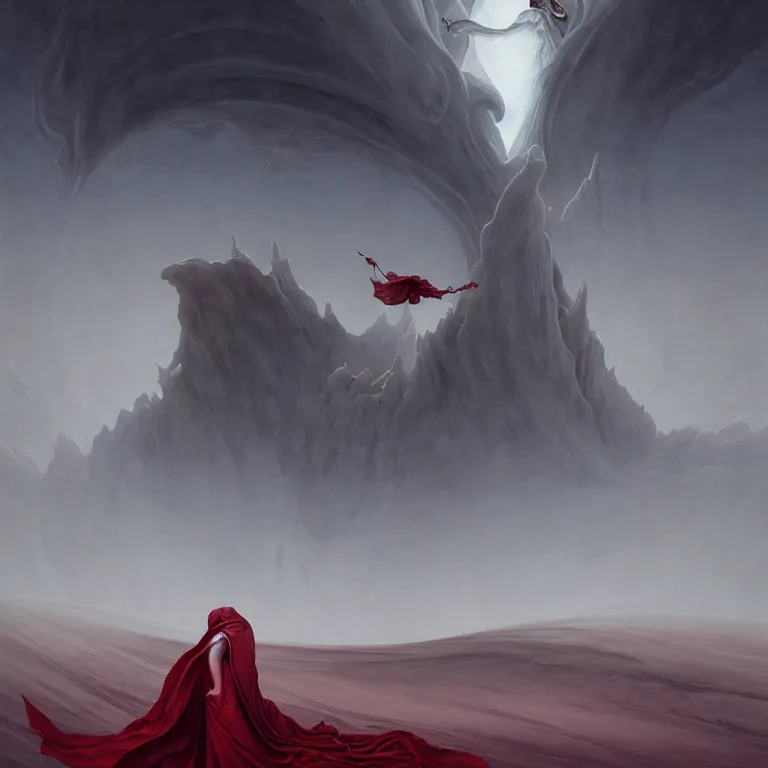 Prompt: one lone singular swirling otherworldly angel shrouded in red robes emerges from extensive barren white dunescape, matte painting by peter mohrbacher and filip hodas, background basilica sacrecoeur by hugh ferriss, godrays, high contrast, highly detailed, a