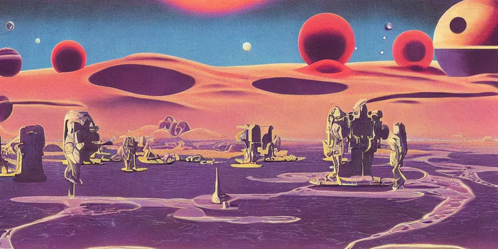 Image similar to surreal painting by chesley bonestell!!, twelve astronauts sitting by the river with a big holiday cake + psychedelic vegetation + purple, pink, blue + planets and stars + mystical fog, vintage sci - fi style of the 5 0 s, rule of the third!!!!, line graphics, 8 k, super detail, high quality