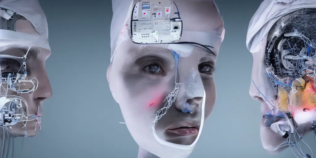 Image similar to a of a face transplant in an operating room with robotic surgeons with a lot of wires and video monitors , photorealistic,by Wlop,4k resolution