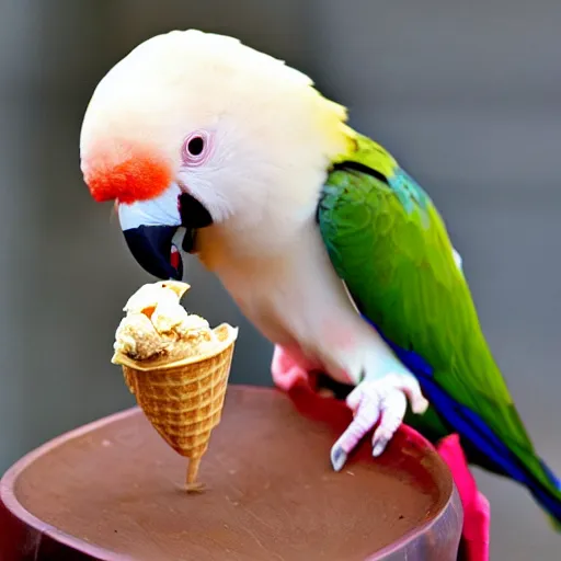 Image similar to a lovebird parrot nibbling an ice cream