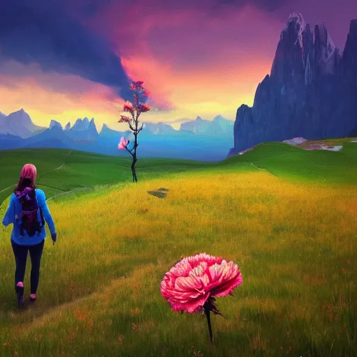 Image similar to giant carnation flower as a head, girl hiking in the dolomites, surreal photography, sunrise, dramatic light, impressionist painting, colorful clouds, digital painting, artstation, simon stalenhag