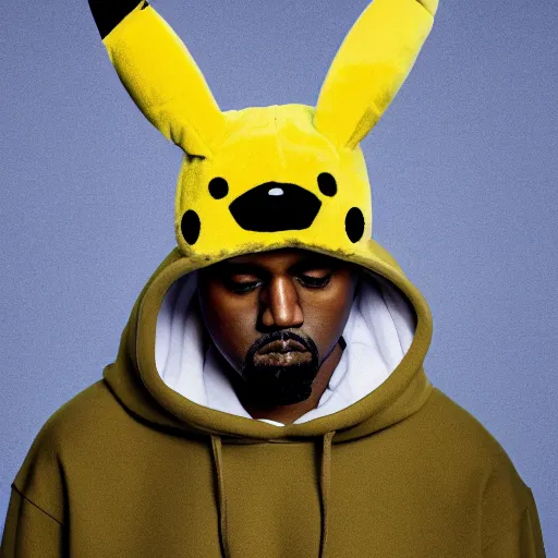 Prompt: Kanye West in a yellow pikachu! hoody, Studio Photograph, portrait C 12.0