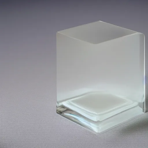 Image similar to an ultra high definition professional studio quality photograph of a transparent perspex cube shaped pastel coloured mug on a white plinth in an empty white room. dramatic lighting, ray tracing, refraction, shallow d. o. f, colour corrected, golden ratio, three point light.