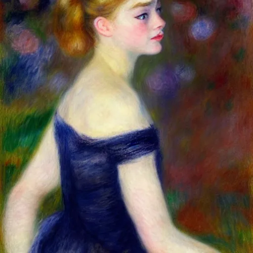 Image similar to A dream-like head and shoulders oil portrait of Elle Fanning, by Renoir. 8K. Extremely detailed.