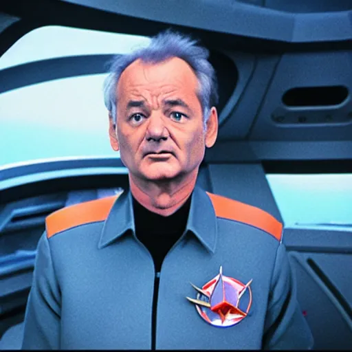 Prompt: bill murray as a starship captain sitting on the bridge of a starship, high definition, color film,