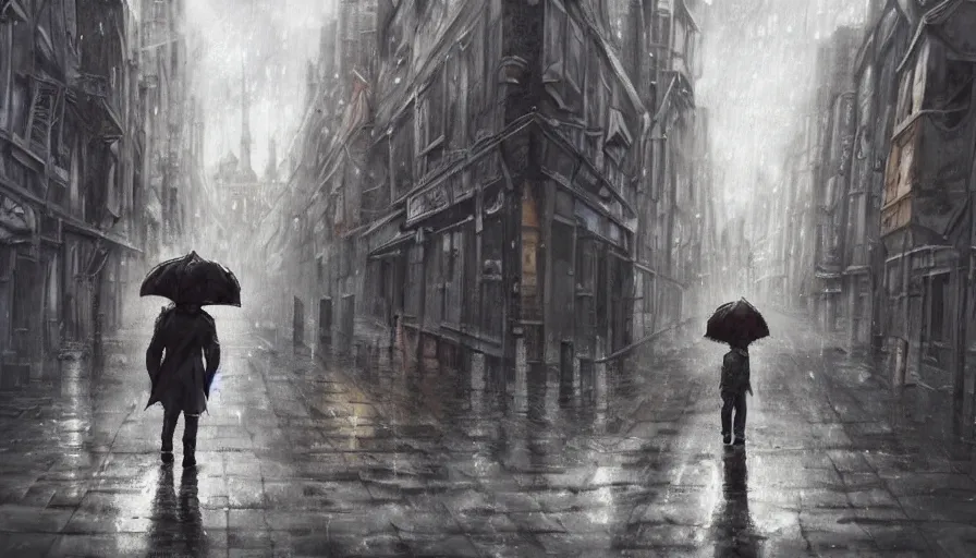 Image similar to detailed anime art. hooded boy holding an umbrella, walking through a ( rainy ) street. ( ruined ) buildings in the background. ( cinematic detailing ) ( anime art )