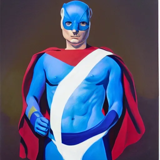 Image similar to portrait of a blue baby seal dressed as a super hero, oil painting by alex ross