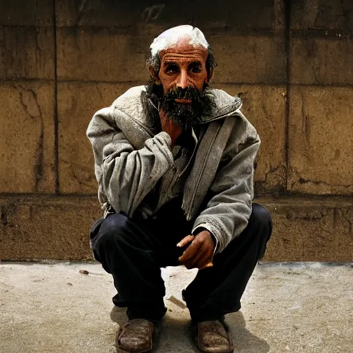 Image similar to portrait of a homeless billionaire, by Steve McCurry, clean, detailed, award winning