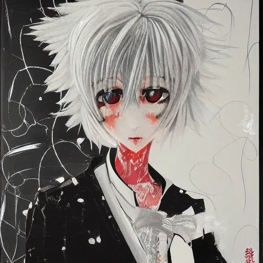 Prompt: Three quarter angle Yoshitaka Amano style portrait of an anime girl with short white hair and black eyes wearing tuxedo with patterns, abstract black and white background, film grain effect, highly detailed, oil painting, expressive brush strokes