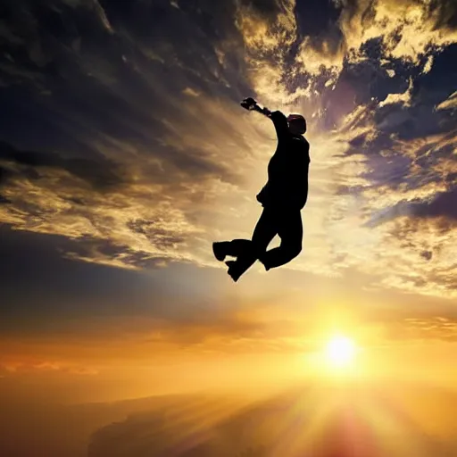 Image similar to drama photo of a man in a buisness suit skydiving, from the view of someone on the ground, beautiful dramatic clouds illuminated by the sun in the style of craig mullins