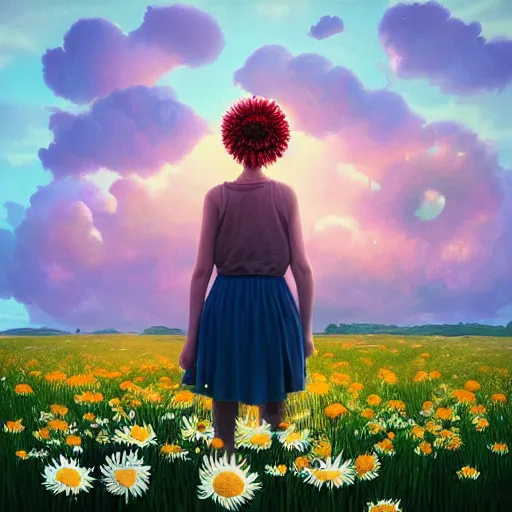 Image similar to head made of giant daisies, girl standing barefoot in a vast flower field, arms behind back, surreal photography, sunrise dramatic light, impressionist painting, colorful clouds, large sky, digital painting, artstation, simon stalenhag, flower face