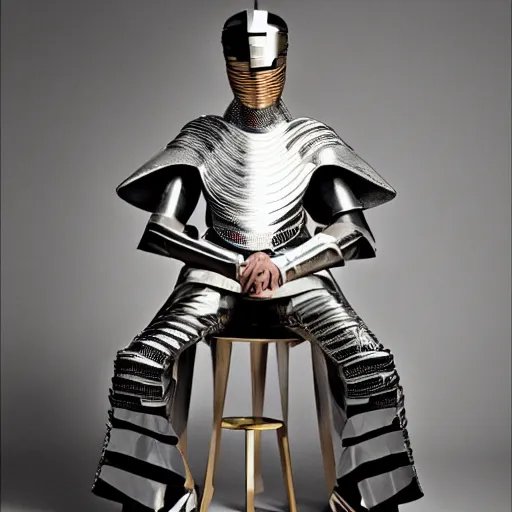 Image similar to a paladin wearing issey miyake armor while posing in a luxurious living room, portrait, fashion photography, by mario testino, davide sorrenti, jemal shabazz