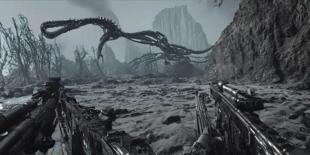 Image similar to an hr giger fps game scene of shooting at a sea monster realistic graphic firstperson shooter game, realistic, ultra setting, highly detailed, fps game, game of the year, raytracing on, rtx 3 0 9 0 ti, gta v, death stranding game