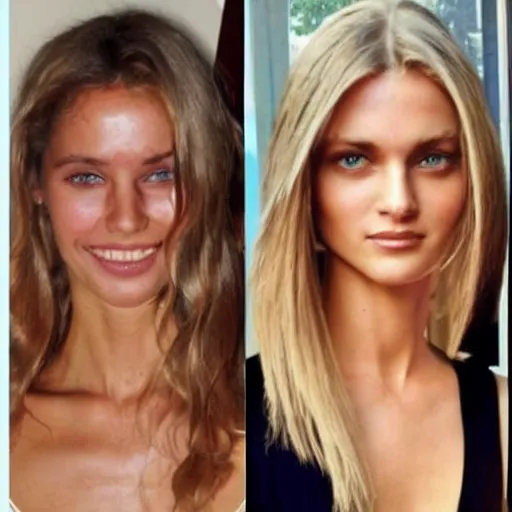 Prompt: before and after picture of a beautiful supermodel with long hair and the same supermodel with short hair