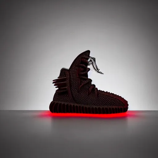 Image similar to horned HR giger esque Yeezy shoe design inspired by the red depths and torture of Hell and Satan, product photography, sneaker photo, studio lighting, professional photoshoot