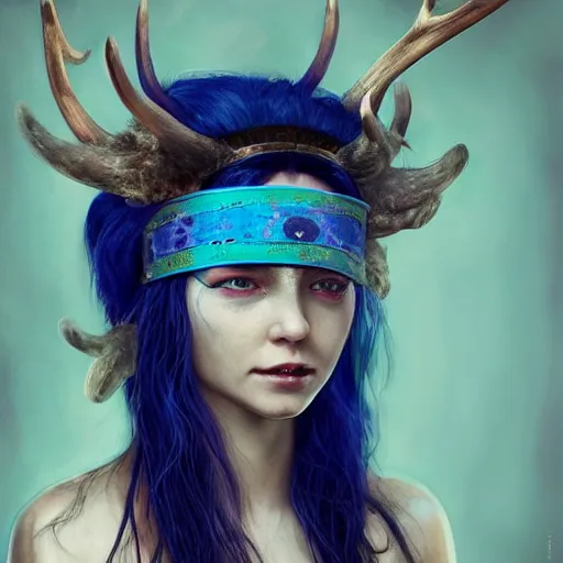 Prompt: A young female shaman, blue hair and antlers on her head. blindfolded, heilung, in the style of Heather Theurer, headshot photoshoot, insanely detailed and intricate, beautiful, elegant, cinematic toplight, portrait, headroom, artstation, karol bak