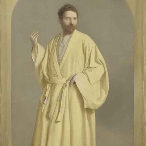 Image similar to A portrait of a fox in a pale yellow flowing robe by Robert Cleminson and Carl Friedrich Deiker