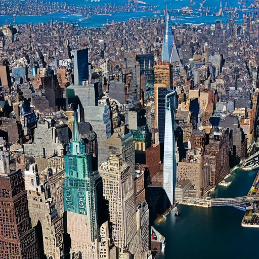 Prompt: top down photo of new york city, godzilla is rampaging through the heart of the city