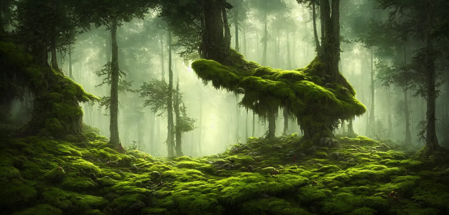 Image similar to random forest landscape, moss, incredible, vector art, octane render, fabulous, hyper detailed, random cinematic view, no noise, global illumination, warm lighting, volumetric, godrays, vivid, beautiful, style jordan grimmer and toni infante