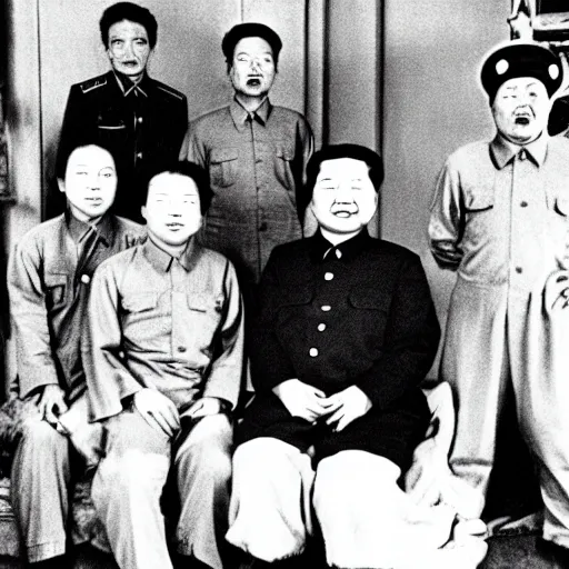 Image similar to mao zedong in pyjamas at a sleepover with stalin 9 0's music video