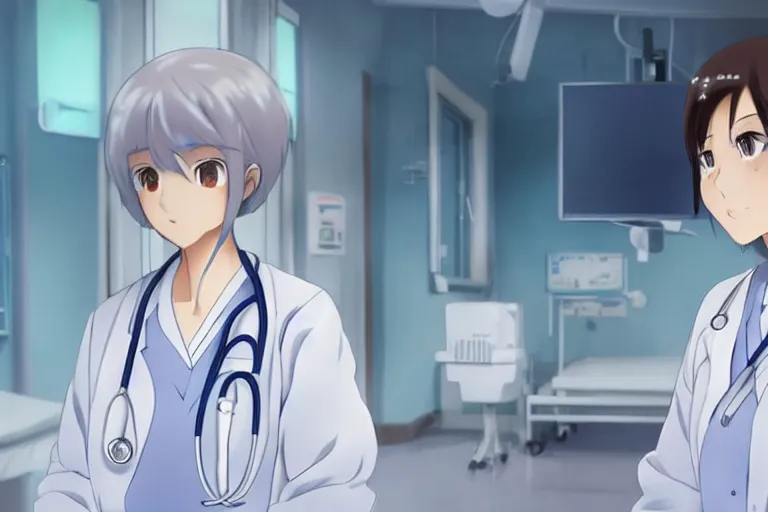 Image similar to a cute and beautiful young lady, a doctor wearing white coat in hospital ward, highly detailed, slice of life anime, anime scenery by Makoto shinkai