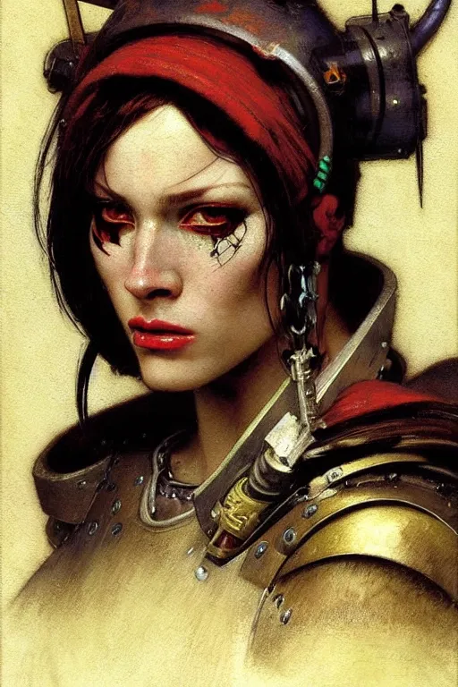 Image similar to full character portrait max mad cyberpunk warhammer 4 0 k, barbarian tech priest supersoldier not the girl with the pearl earring character design, painting by gaston bussiere, katsuya terada, nc wyeth, greg rutkowski, craig mullins, vermeer, frank frazetta, mucha, tom of finland, trending on artstation, jeffery catherine jones