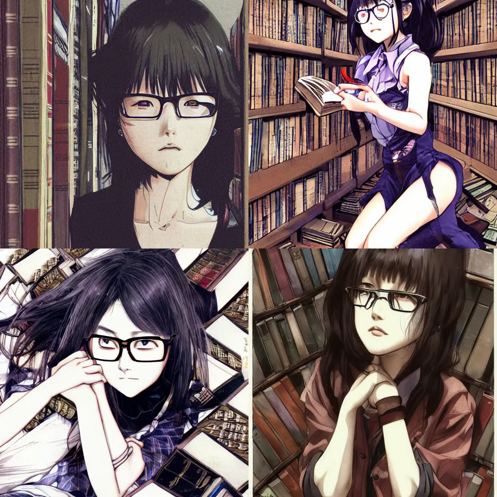 Prompt: cute japanese vampire girl with glasses, sitting on the ground and looking up, covering half her face with one hand, in a ravaged library, overhead view, detailed digital artwork by Yoji Shinkawa and Takehito Harada and Hiroshi Yoshida