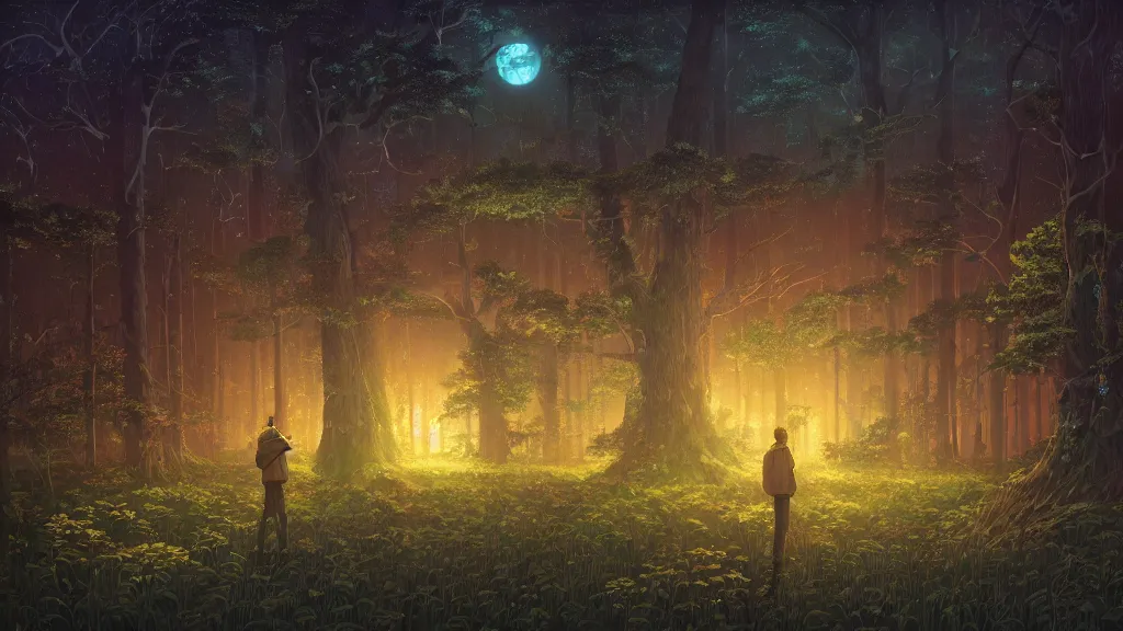 Image similar to highly detailed illustration of an old giant forest with fireflies at night by makoto shinkai, by oliver vernon, by joseph moncada, by damon soule, by manabu ikeda, by kyle hotz, by dan mumford, by otomo, 4 k resolution