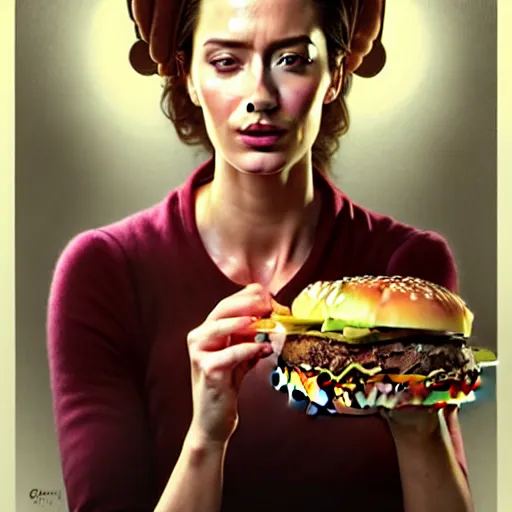 Prompt: portrait of emily blunt eating hamburgers, extra onions and ketchup, luscious patty with sesame seeds, feminine ethereal, handsome, d & d, fantasy, intricate, elegant, highly detailed, digital painting, artstation, concept art, matte, sharp focus, illustration, art by artgerm and greg rutkowski and alphonse mucha