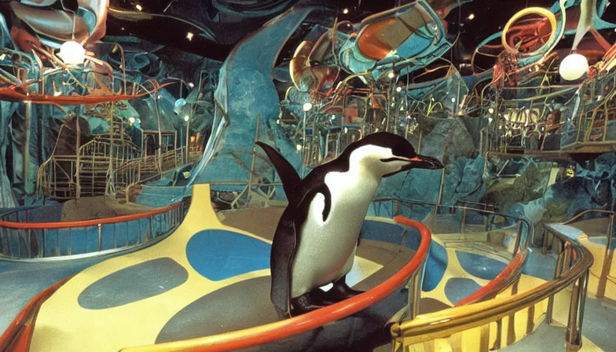 Prompt: 1990s photo of inside the Wild Space Penguin ride at Universal Studios in Orlando, Florida, riding a Penguin through space , cinematic, UHD