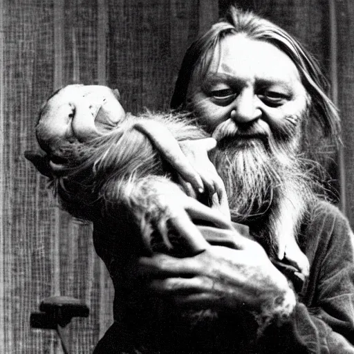 Image similar to robert wyatt cradling a hairy goblin like a baby, heartwarming photograph