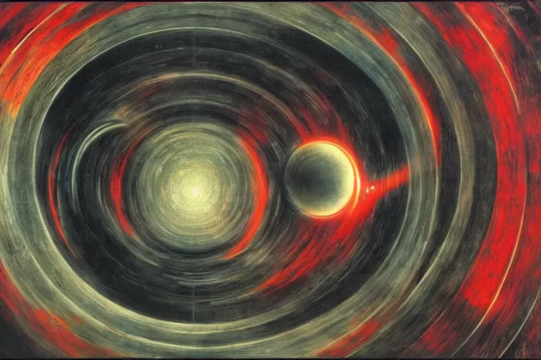 Prompt: painting by h. r. giger, infinite cosmos, blackhole sun, red matter, warp space, sharp focus, unimaginable composition