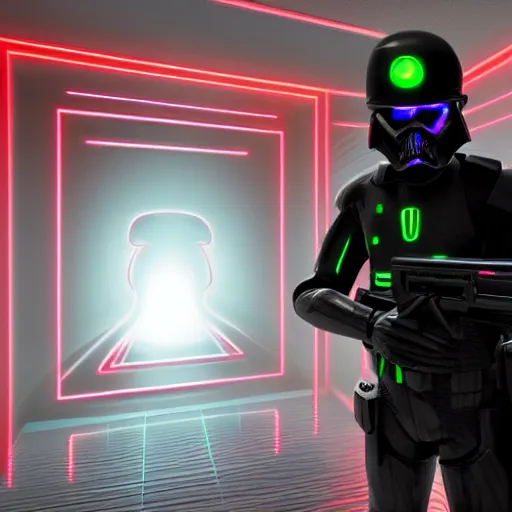 Prompt: A Neon Dark Trooper scanning a room with pulsating laser, photoreal