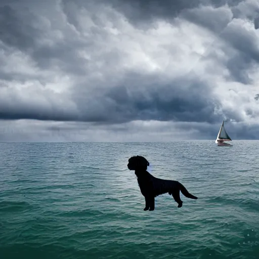 Image similar to black maltese dog on a sailboat, realistic photo, threatening clouds