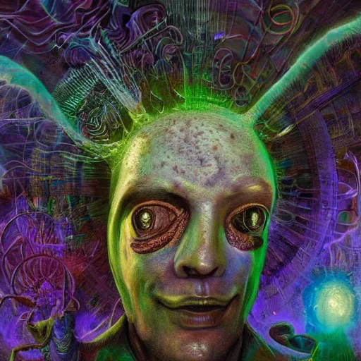 Image similar to full face close up portrait, sandman god of dreams wearing a mask, deliver me cosmic sight, by patrick woodroffe, by josip csoor, by laurie lipton, in the valley of the damned background, cinematic lighting, volumetric lighting, neosurrealism, realistic shadows, particle effects, rendered in octane, melting, psychedelic, electric, cosmic, fantasy