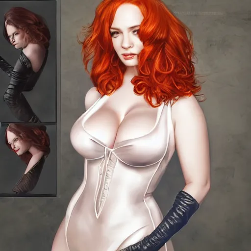 Image similar to photo of a gorgeous christina hendricks in the style of stefan kostic, realistic, professionally, professionally color graded, half body shot, leather body suit, sharp focus, 8 k high definition, insanely detailed, intricate, elegant, art by stanley lau and artgerm