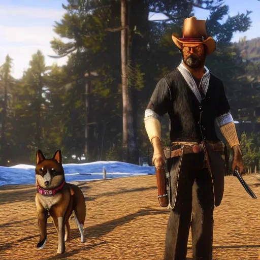 Image similar to shiba inu dog in the cover for red dead redemption 2