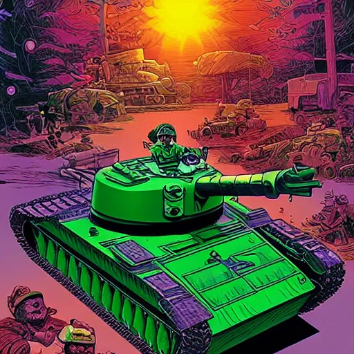 Prompt: a child driving a plastic tank, plastic army men, artwork by greg hildebrandt and dan mumford, vibrant colors