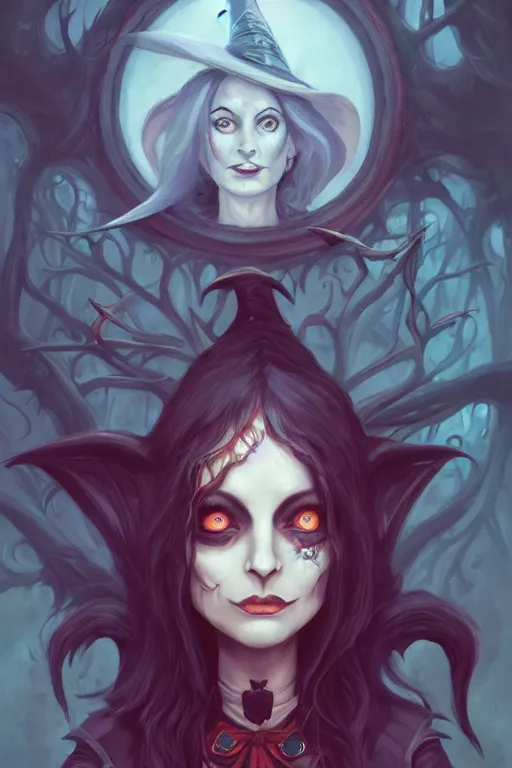 Image similar to portrait of a witch, american mcgee's alice, sharp focus, artstation, trending, by julie dillon, luis melo, tyler miles lockett, lei jin, hong lei, ken wong, adam narozanski, joy ang