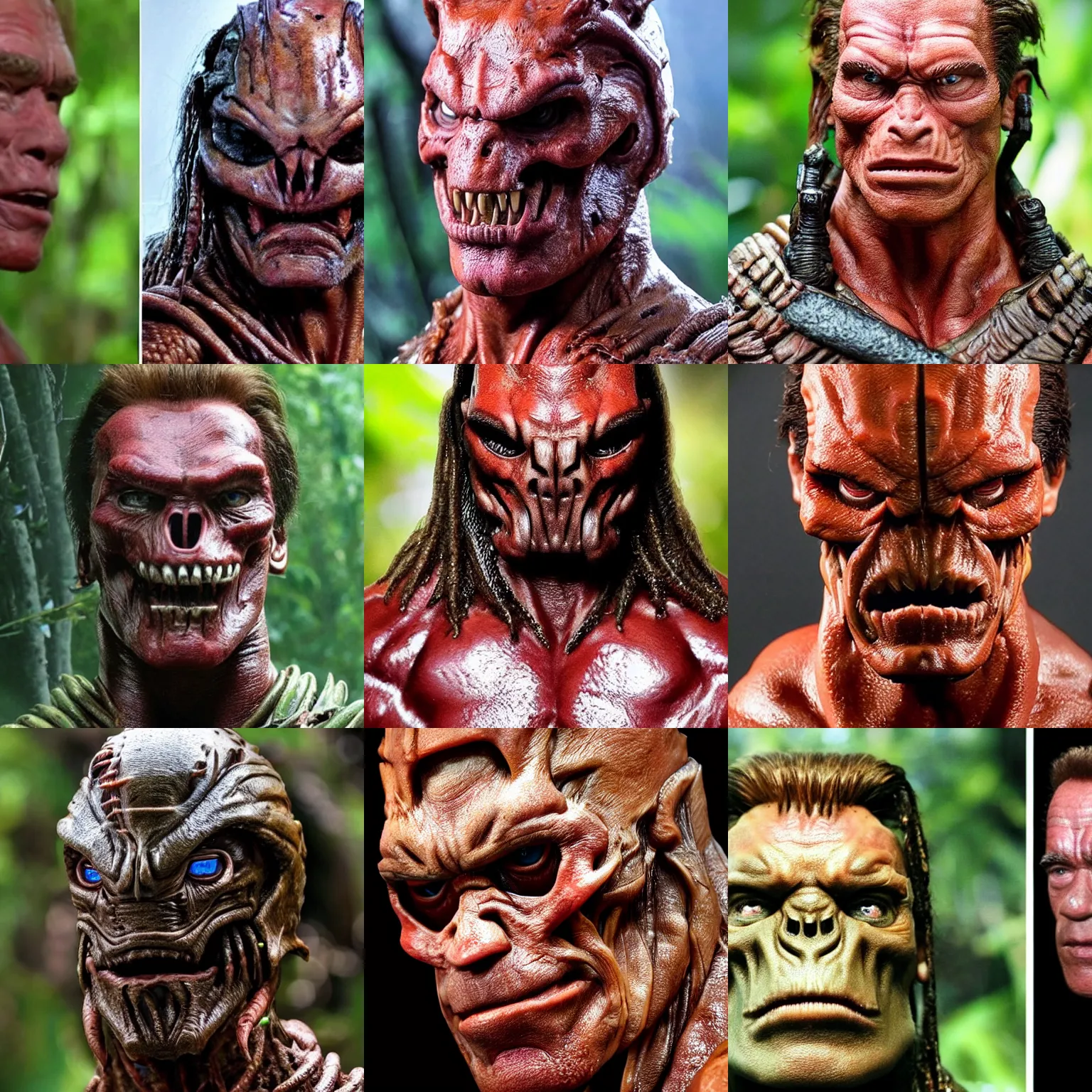 Prompt: head very realistic!!!! close up arnold schwarzenegger in predator costume human face , close up detailed movie still from the predator in the jungle