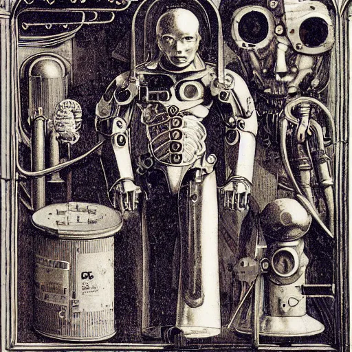 Prompt: cyborg with a brain machine interface by jan van eyck, masonic iconography