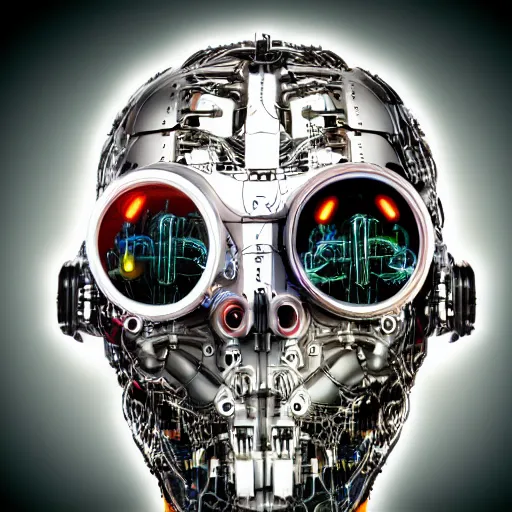 Image similar to Technological Mechanical Monstrosity Monster Cyborg head with circuits and wires and Fiber Optic Lights Scary Horror Sci-fi HDR