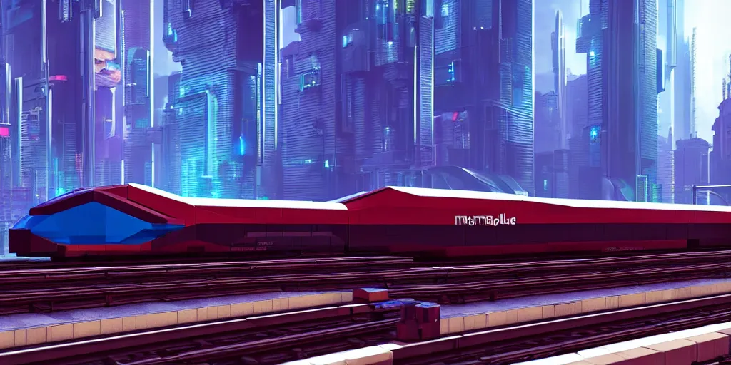 Image similar to a cyberpunk maglev train riding though futuristic station, blocky futuristic cityscape in background, gorgeous lighting and metallic reflection, maroon and blue accents, 8k, large scale, high detail, side profile