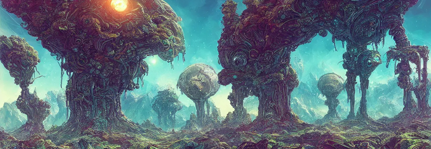 Prompt: alien planet : landscape : flora and fauna : android jones : mikael jinova